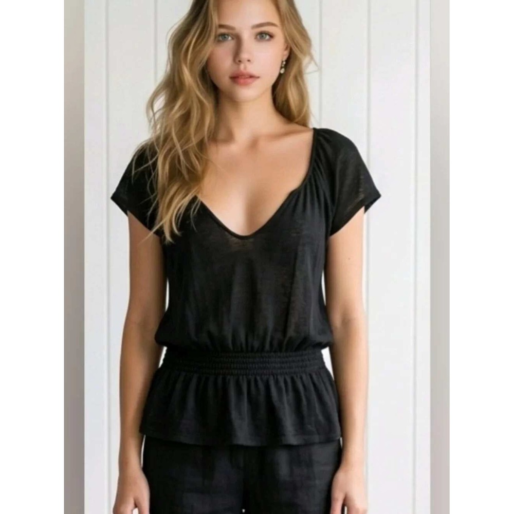 Theory Linen Silk Blend Deep V-Neck Smocked Peplum Top Brown Large